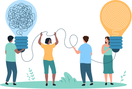 Illustration of four people holding up four light bulbs with wires